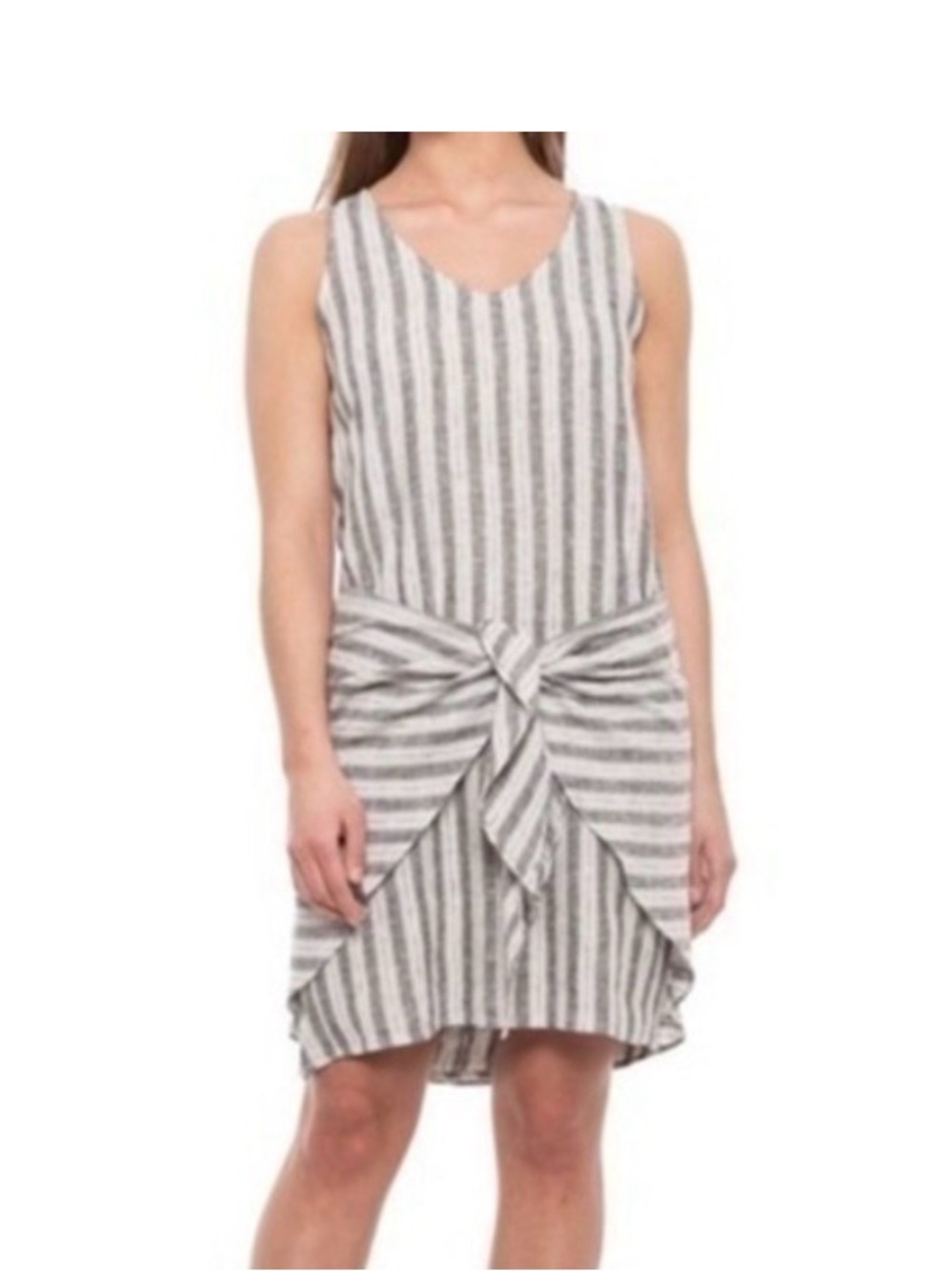 Anthropologie Drew Morgan Gray White Striped Linen Midi Dress M Coastal Nautical